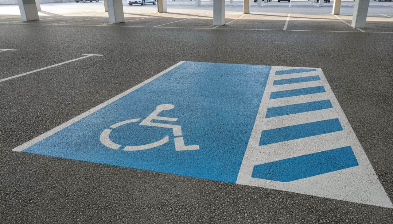 Place de stationnement PMR marquée au sol avec pictogramme fauteuil roulant bleu et bande latérale de dégagement