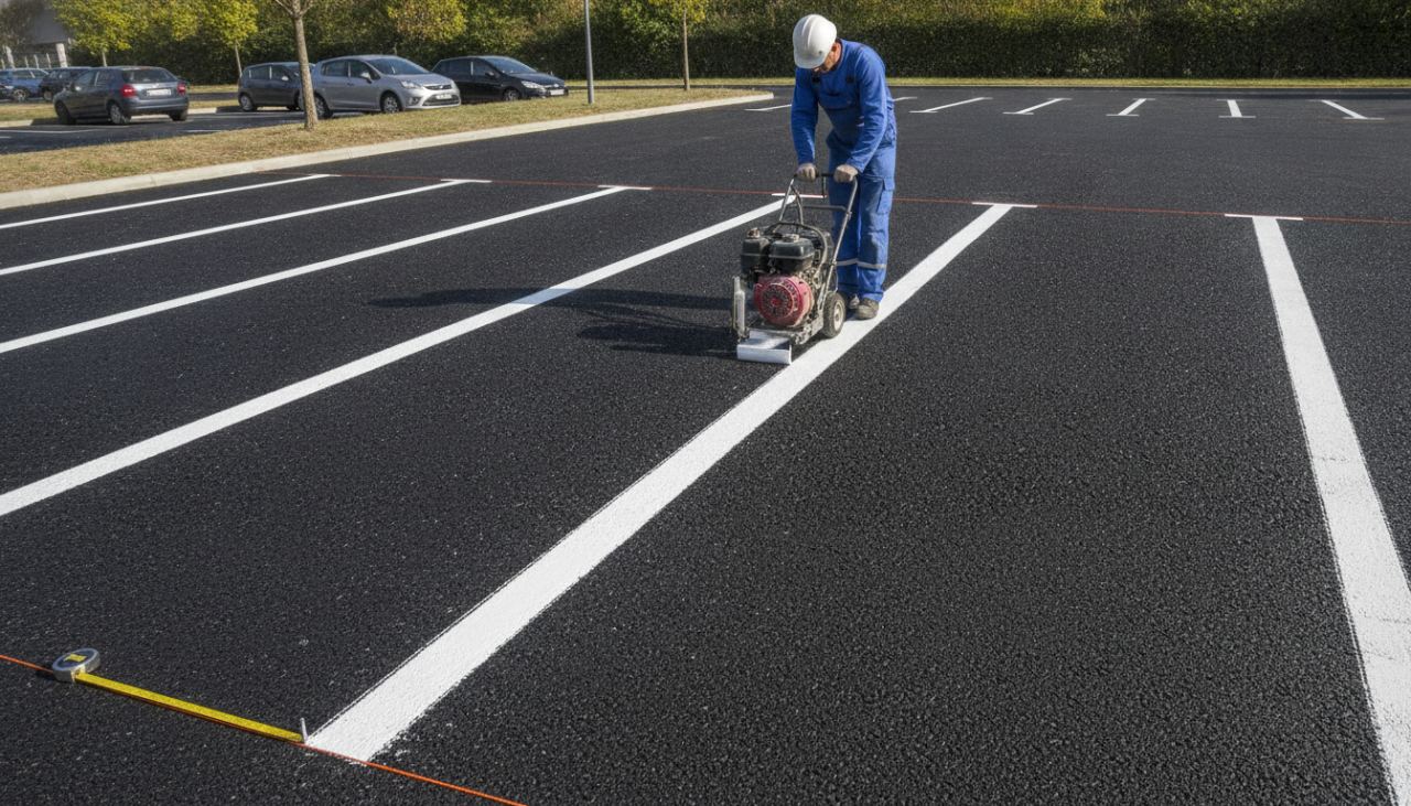 Technicien traçant les lignes d'une place de parking avec une machine de marquage au sol et un cordeau pour respecter les dimensions