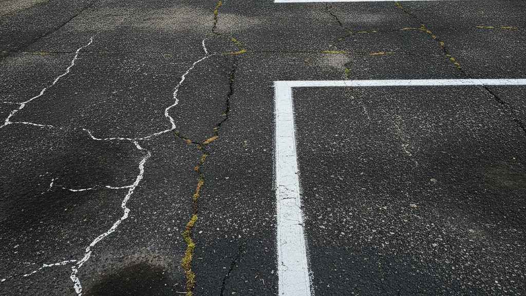 Numéros de places de parking usés en cours de rénovation sur enrobé