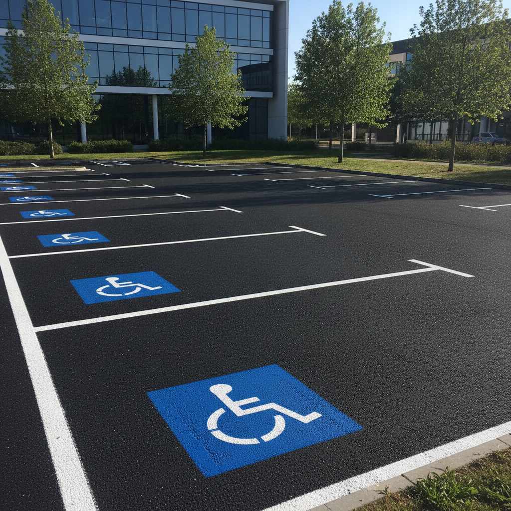 marquage au sol frais de places de parking avec zébras et place PMR dans un parking d'entreprise