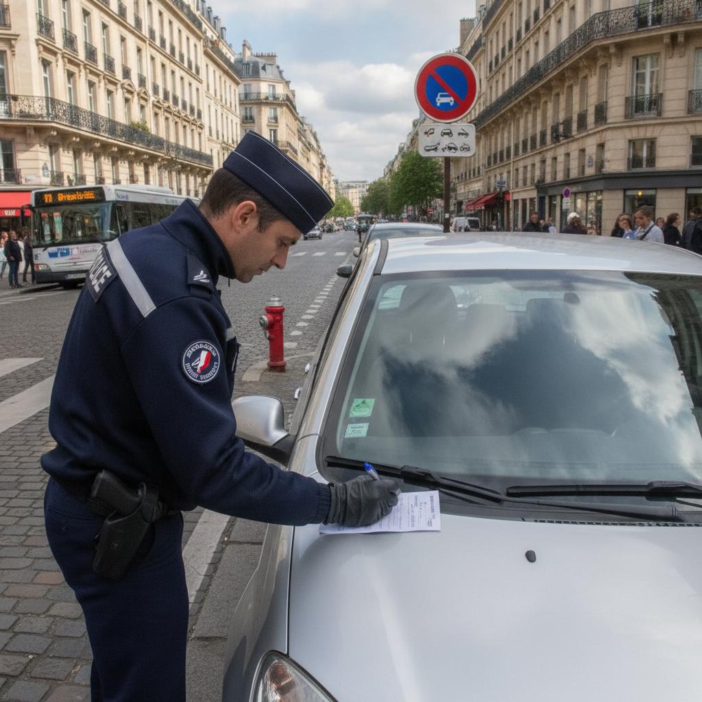 agent de police municipale verbalisant un véhicule en stationnement très gênant en centre-ville