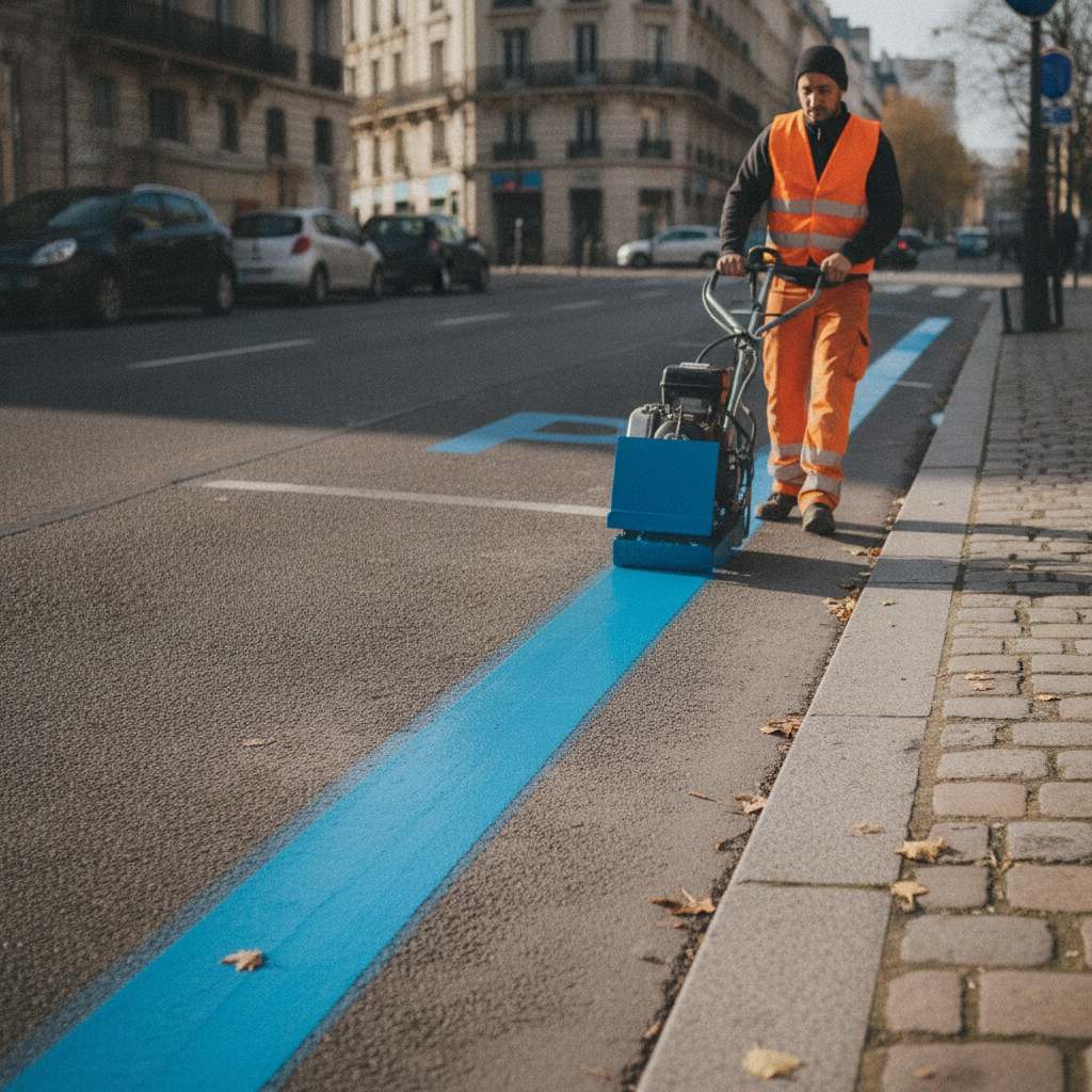 Traçage des lignes bleues d'une zone de stationnement