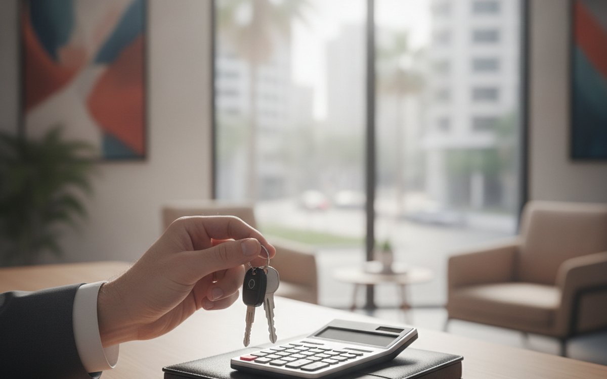 Calcul de rentabilité avant l'achat d'une place de parking, clés et calculatrice