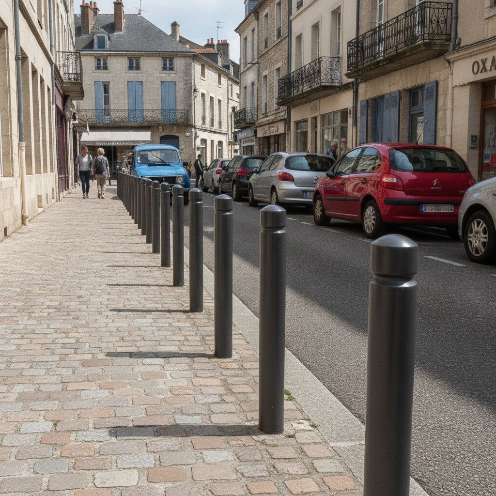 Bornes anti-stationnement alignées le long d'un trottoir en ville