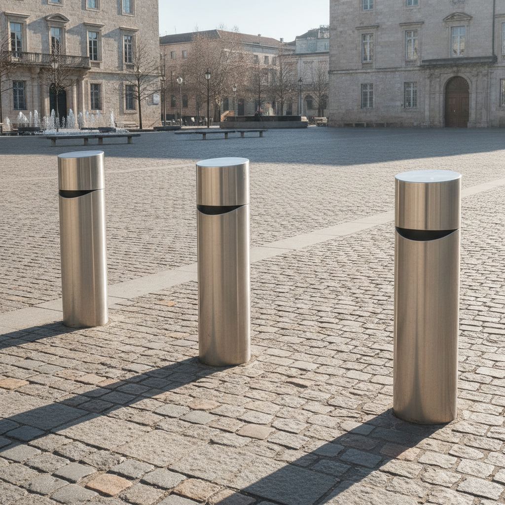 Bornes escamotables automatiques à l'entrée d'une zone piétonne
