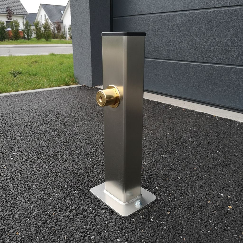 Borne anti-stationnement rabattable verrouillable devant un garage privé