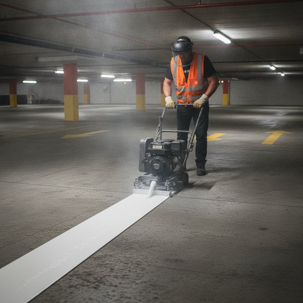 Ouvrier appliquant une peinture de marquage au sol blanche dans un parking souterrain à Paris