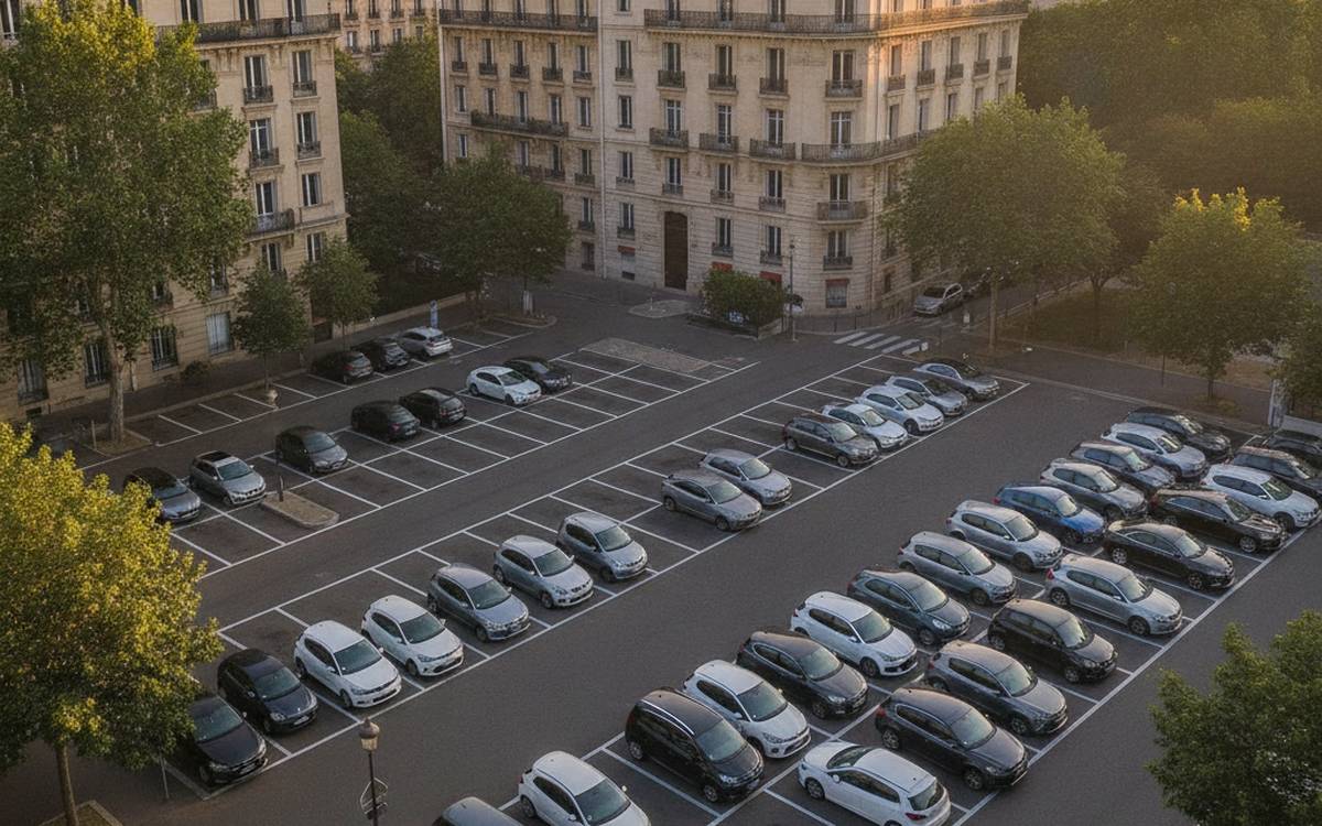 Parking extérieur en ville, places marquées au sol, marché de l'investissement parking