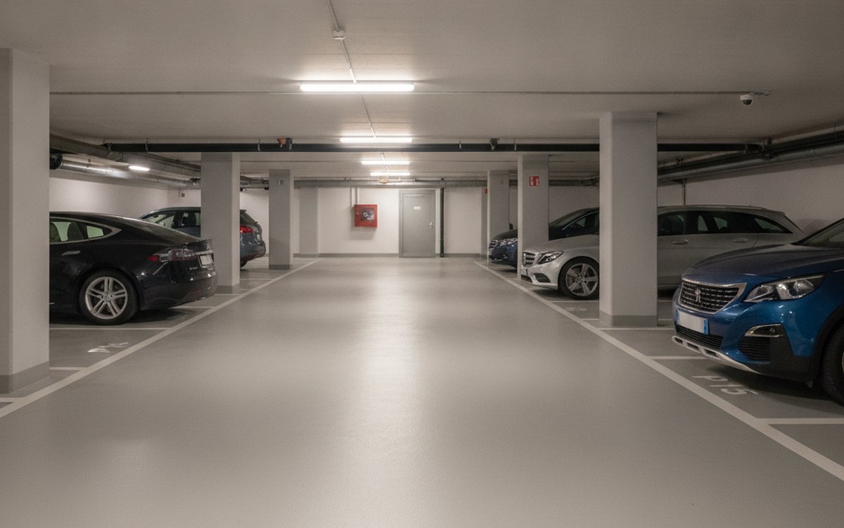 Parking souterrain résidentiel avec places numérotées, exemple d'investissement place de parking