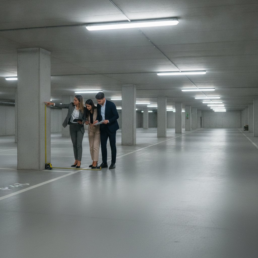 visite d'une place de parking à vendre en sous-sol avec agent immobilier