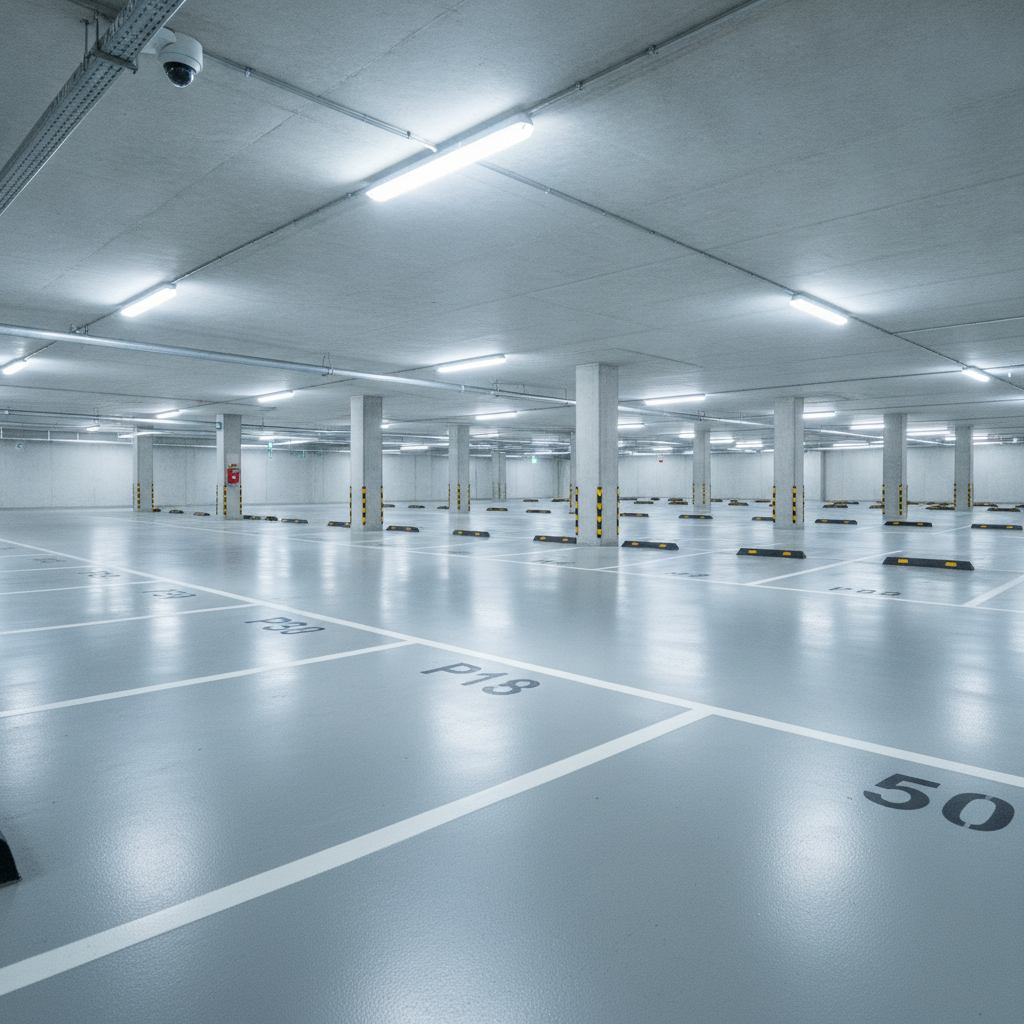 parking souterrain de copropriété avec places numérotées et éclairage
