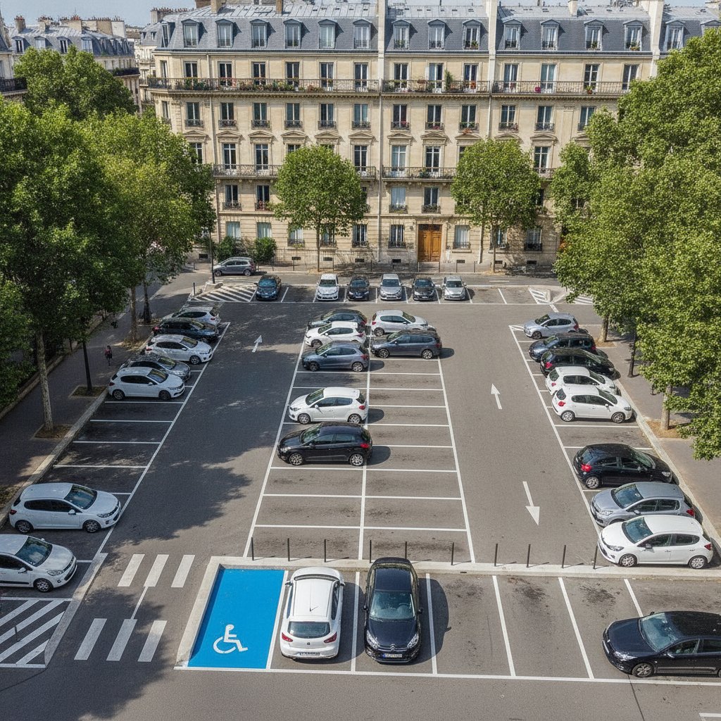 Vue aérienne d'un parking parisien avec une place PMR marquée en bleu et des places classiques en blanc