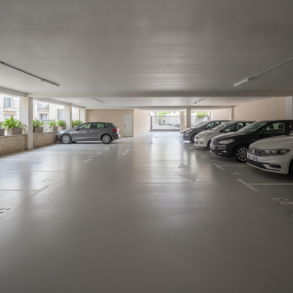 Parking résidentiel parisien avec marquage au sol blanc fraîchement refait
