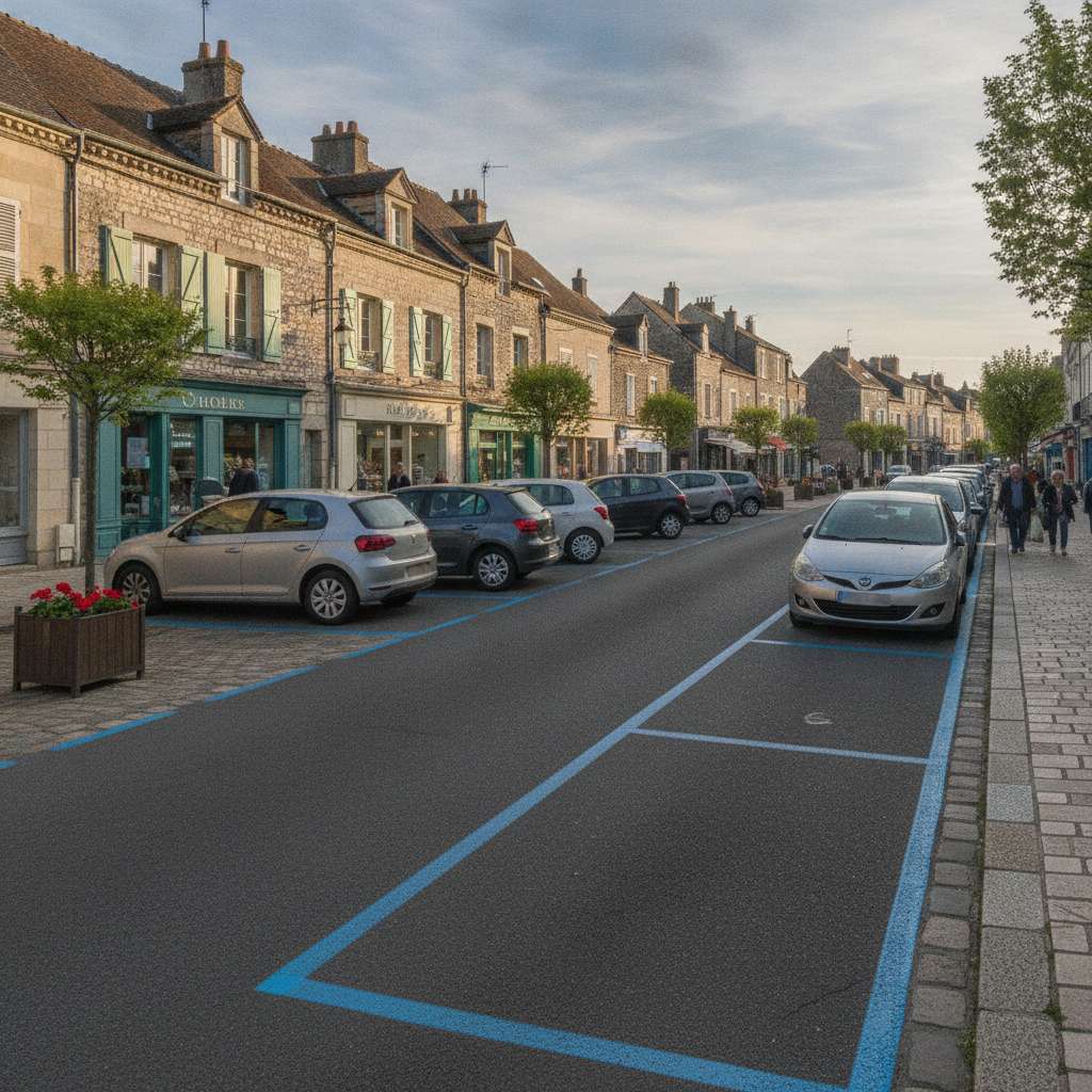 Marquage au sol bleu délimitant les places de stationnement en zone bleue dans un centre-ville