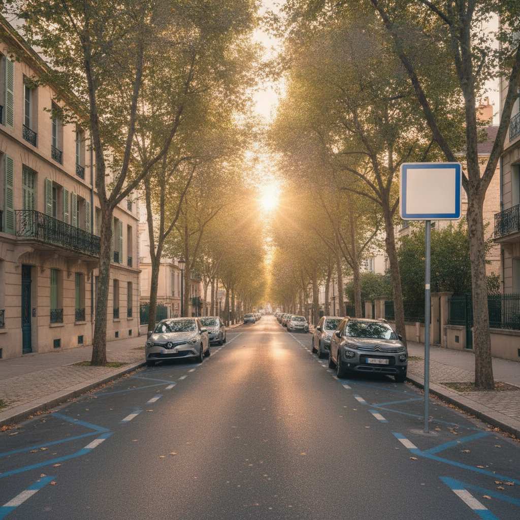 Rue résidentielle avec places de stationnement en zone bleue et panneau de signalisation