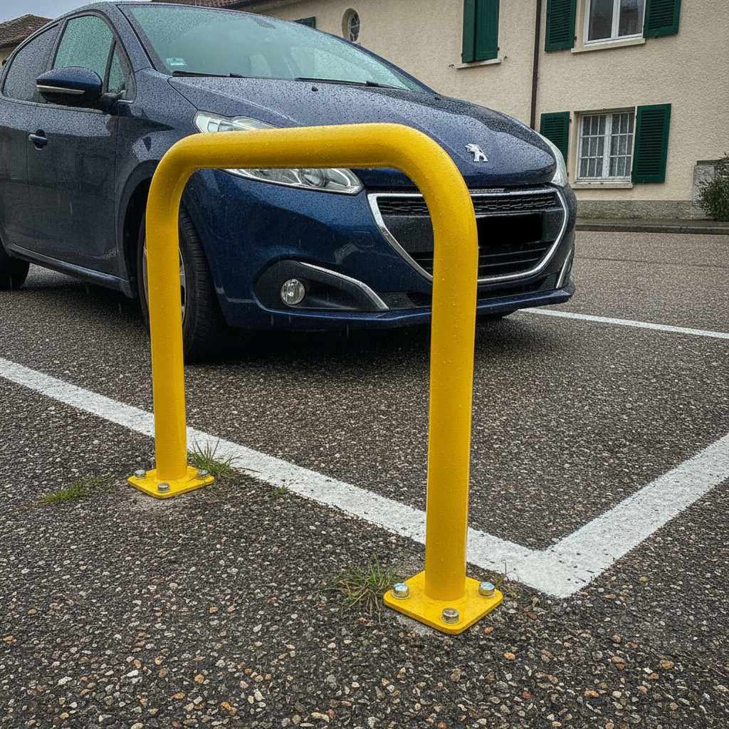 Arceau bloque place de parking rabattable jaune installé sur une place privative