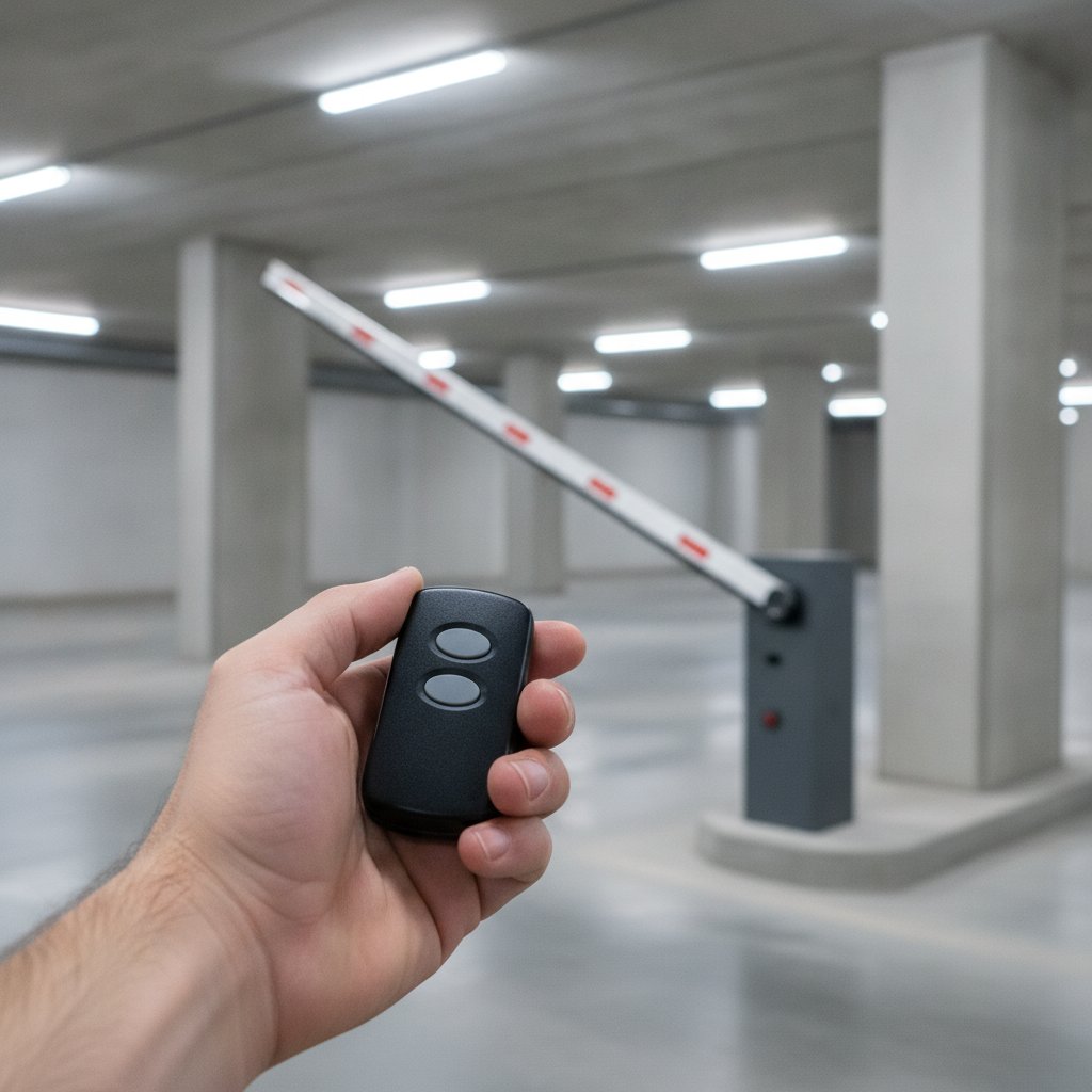 Bloque place de parking automatique commandé par télécommande dans un parking souterrain
