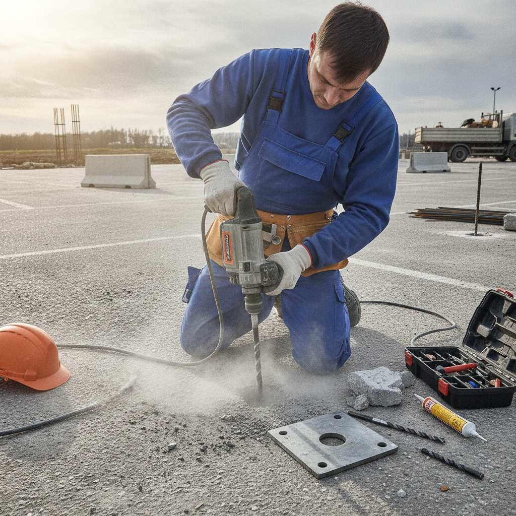 Installation par scellement chimique d'un bloque place de parking sur dalle béton