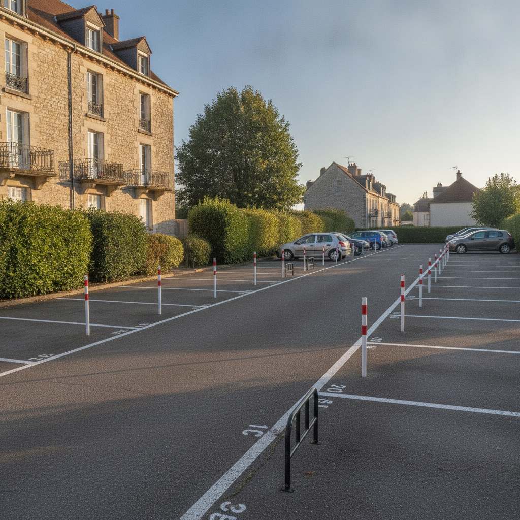 Parking de copropriété équipé de bloque places de parking sur les emplacements privatifs