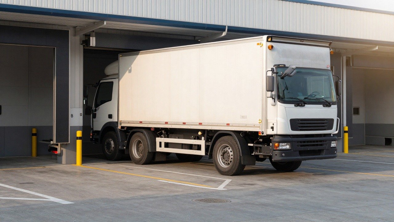 Camion de livraison manœuvrant entre des lignes de guidage