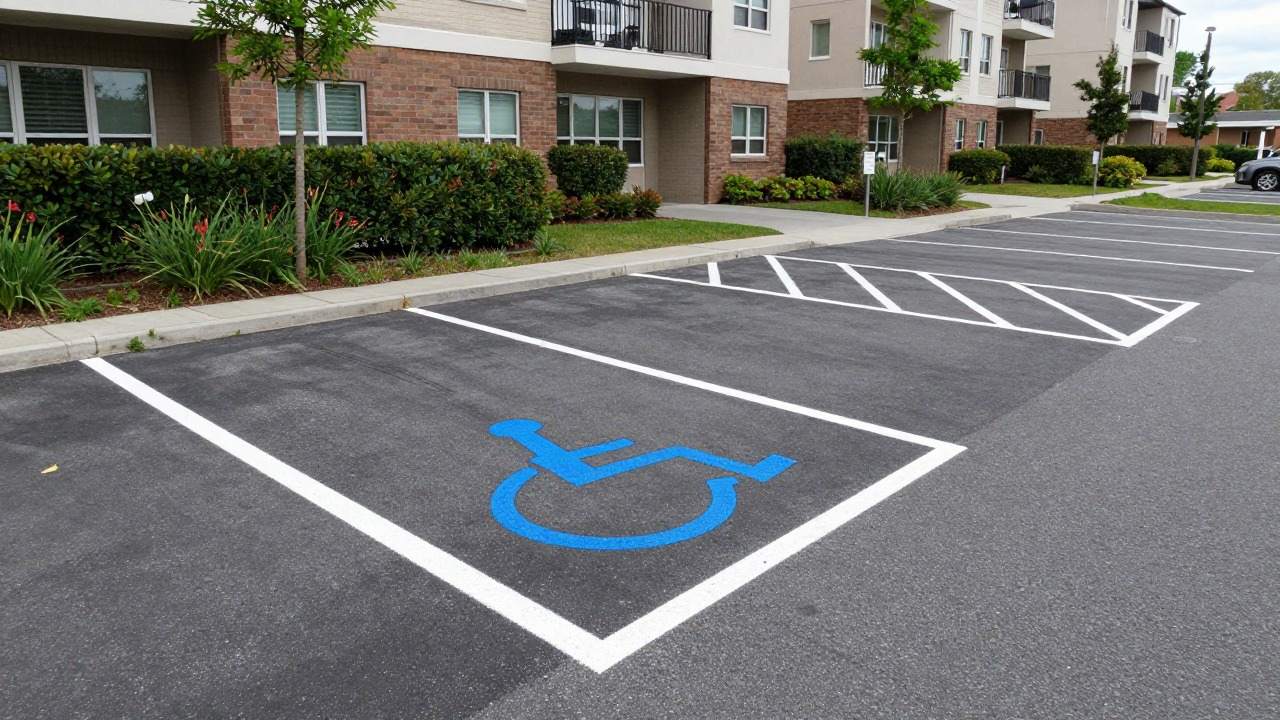 Parking extérieur de copropriété avec places blanches fraîchement peintes et place PMR bleue