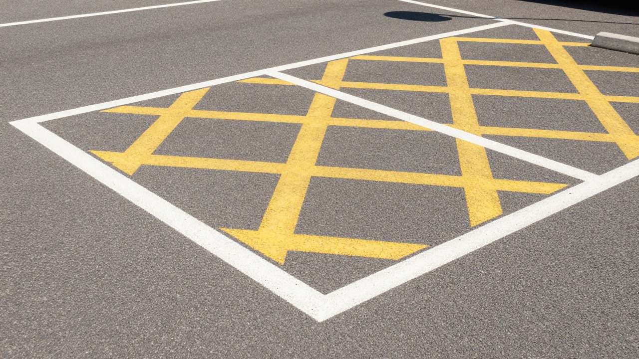 Place de stationnement blanche et zone hachurée jaune d'interdiction dans un parking de résidence