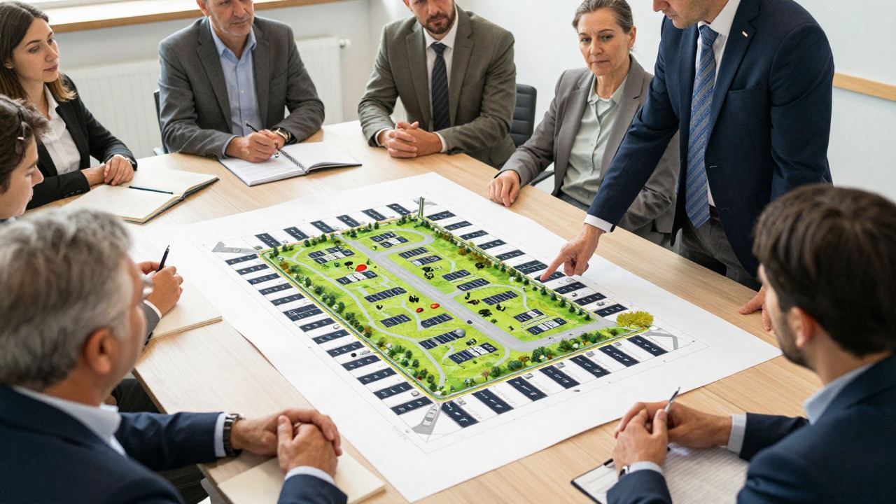 Assemblée générale de copropriété examinant un plan de parking et les règles de stationnement
