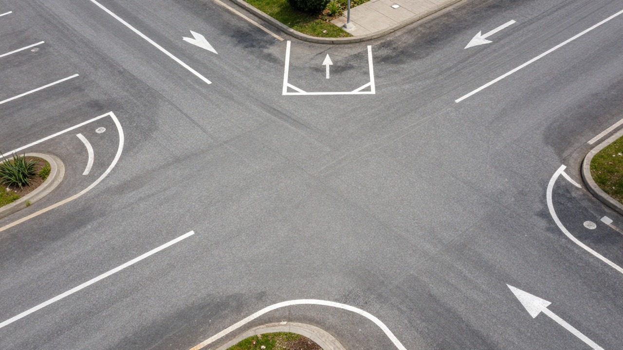 Aerial view of a parking lot with clearly painted directional arrows and priority markings at an intersection