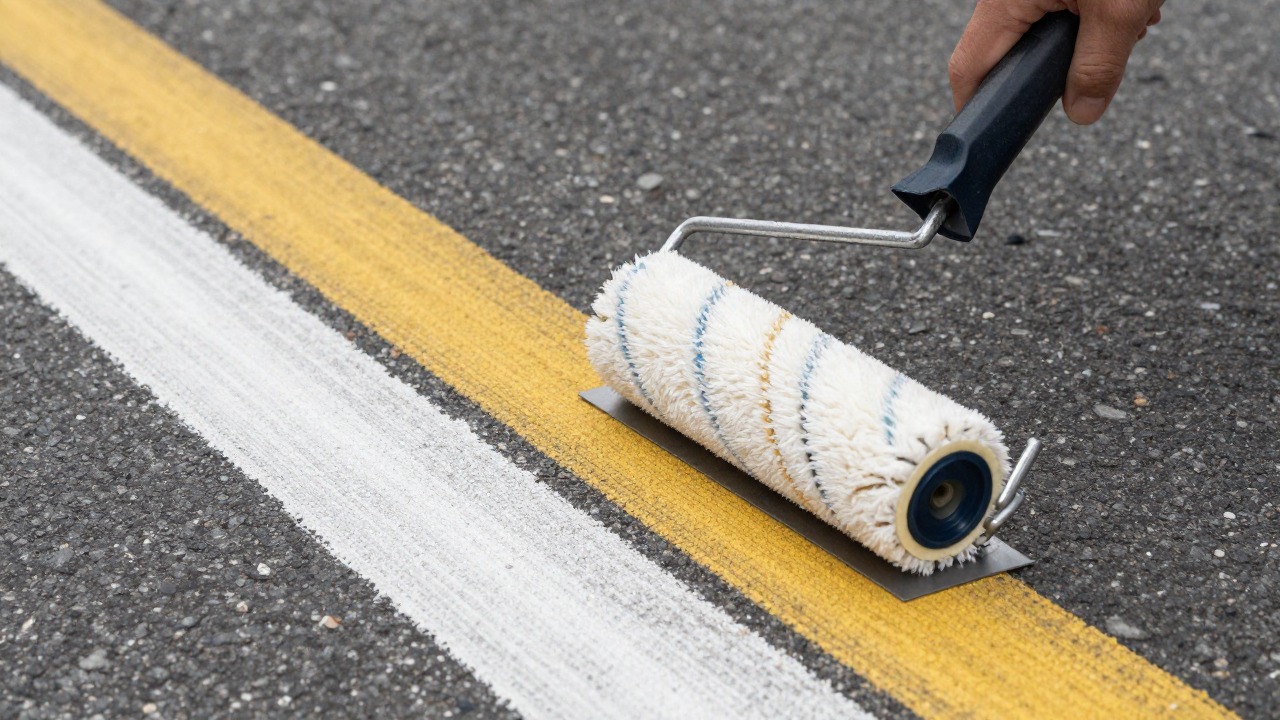 Close-up of fresh white and yellow road paint lines on asphalt with a paint roller and stencil visible