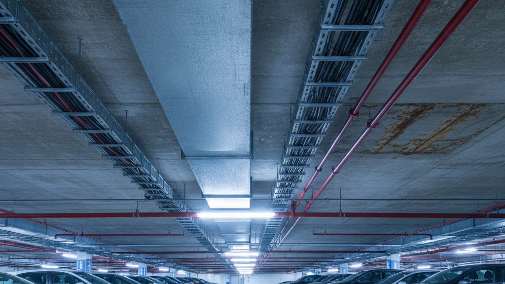Vue en enfilade d'un parking souterrain avec gaines et canalisations apparentes au plafond