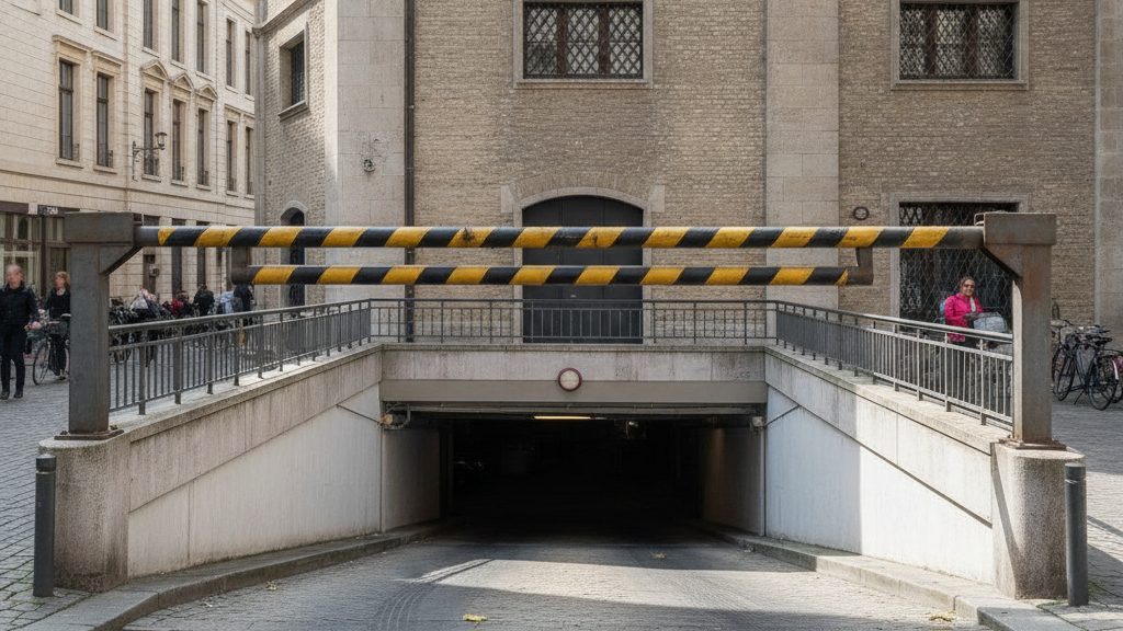 Portique de gabarit avec panneau de hauteur limitée à l'entrée d'un parking souterrain