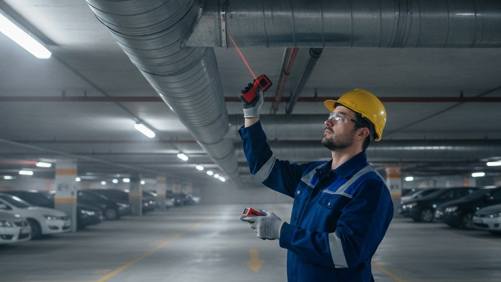 Ouvrier mesurant la hauteur libre sous une gaine de ventilation avec un télémètre laser