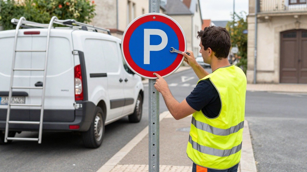 Pose d'un panneau de stationnement alterné par les services techniques municipaux