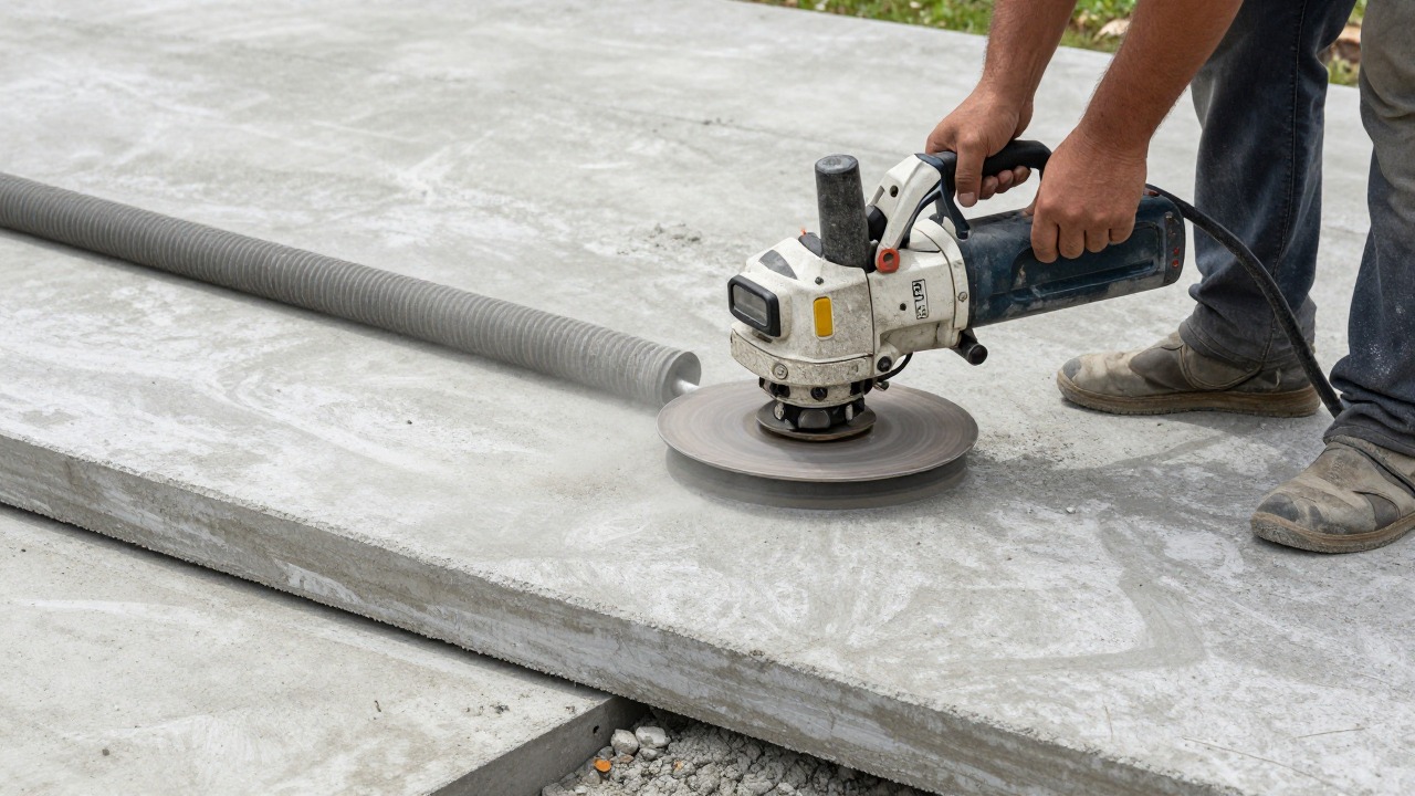 A concrete outdoor slab being prepared with a walk behind diamond grinding machine, dust extraction hose attached, half the surface visibly opened and lighter