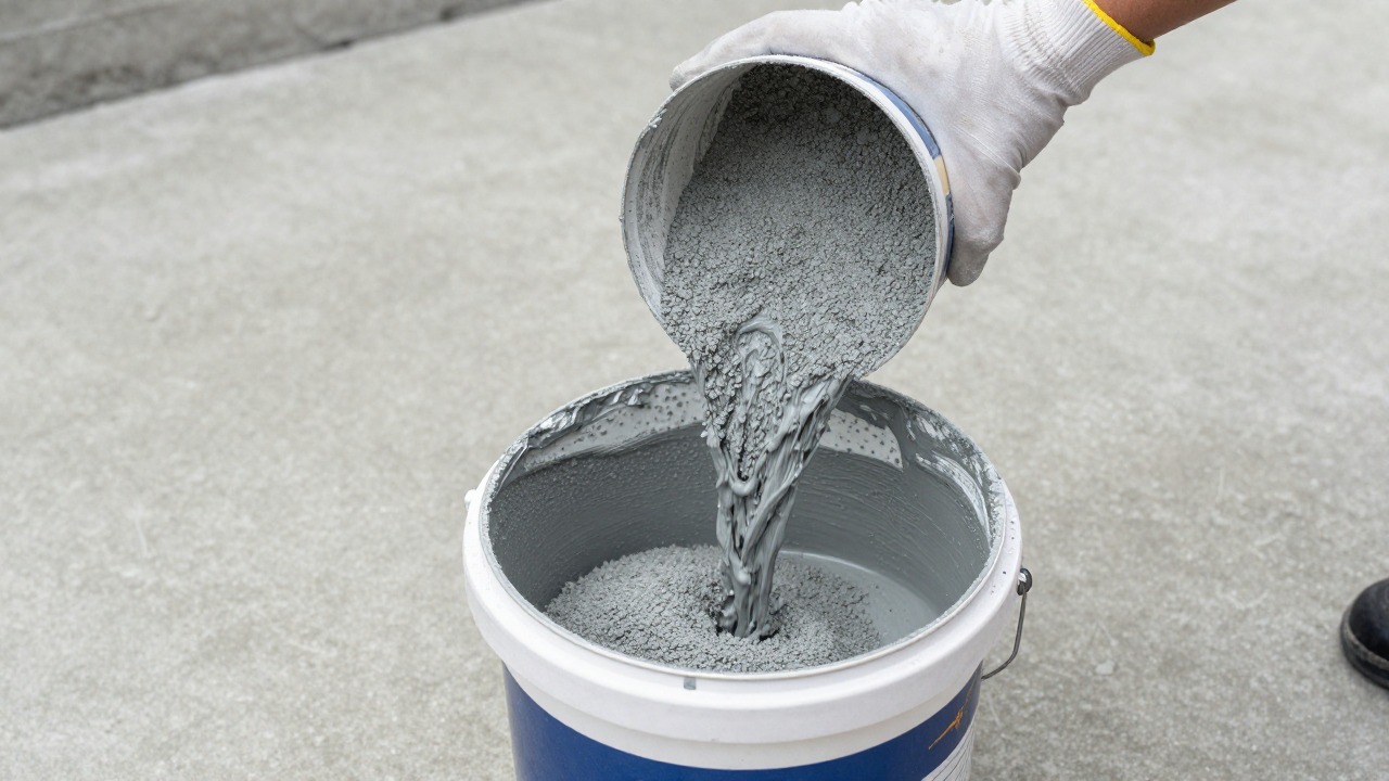 A person in work gloves pouring anti-slip aggregate additive into an open pail of grey floor paint on a concrete slab