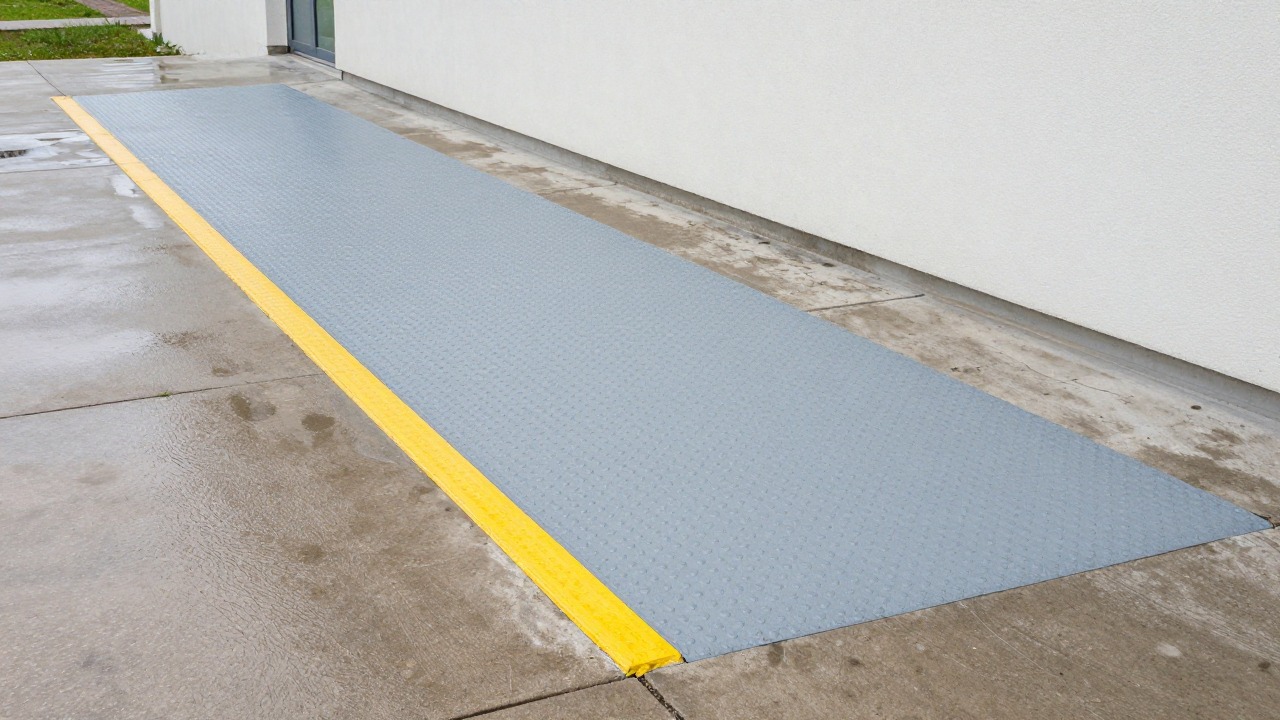 An outdoor concrete ramp beside a building freshly coated in grey non-slip paint with a yellow edge line, wet weather, wide view