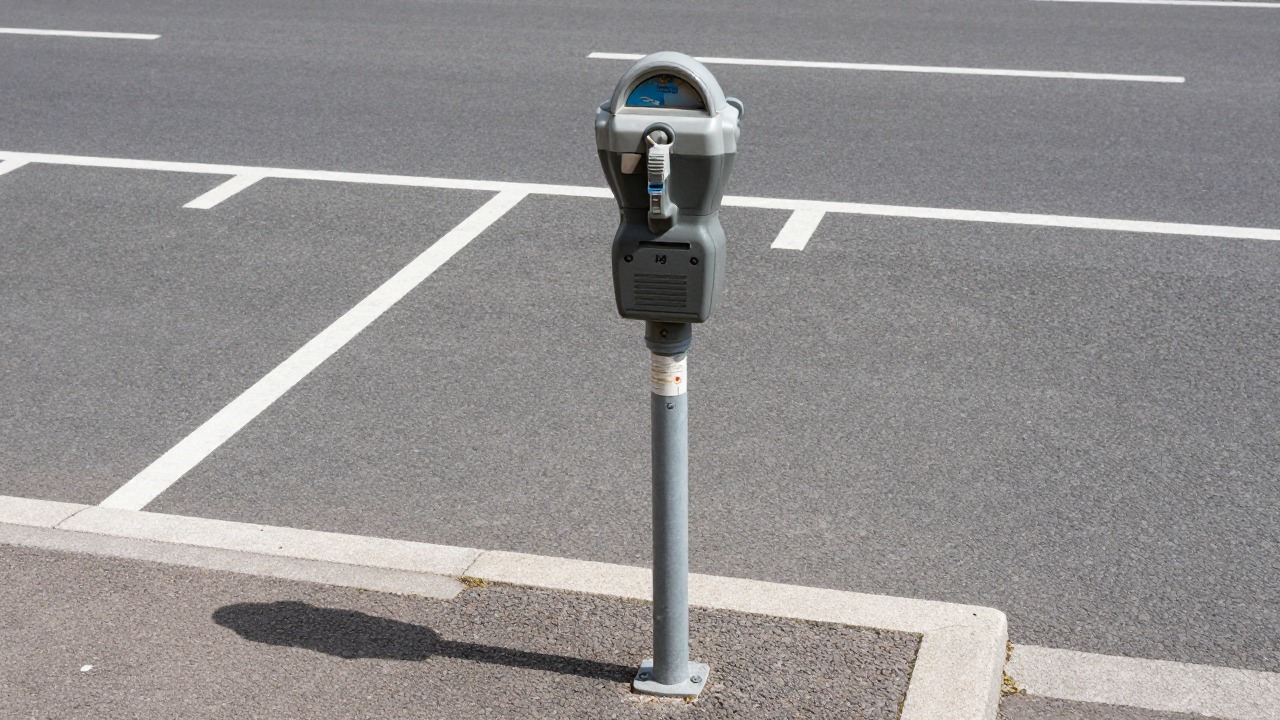 A French street parking meter next to white painted parking bay lines on the asphalt