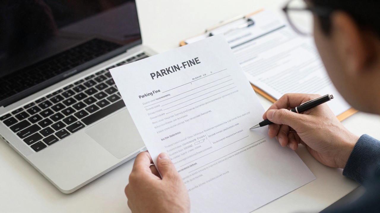 A person at a desk reading a parking fine letter with a laptop and a pen, folder of documents beside