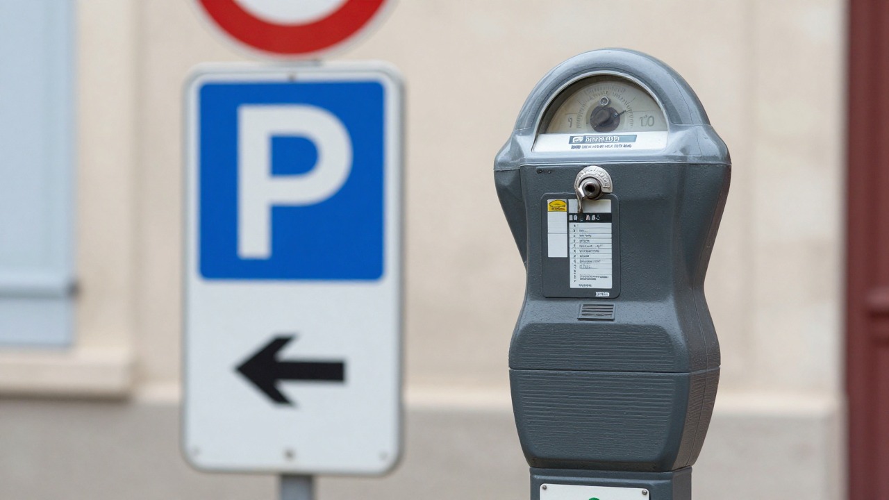 Close-up of a pay-and-display parking meter next to a street parking space with a P sign in a French town