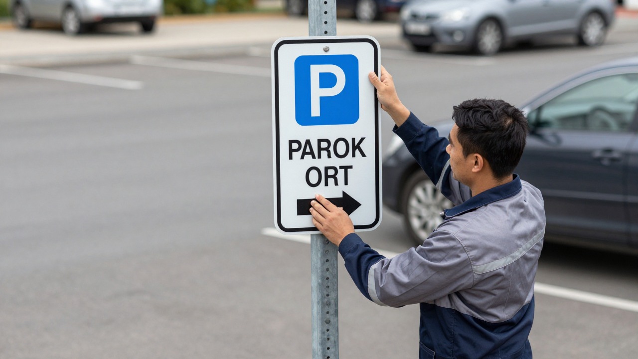 Municipal worker installing a parking regulation sign on a metal pole at the edge of a car park