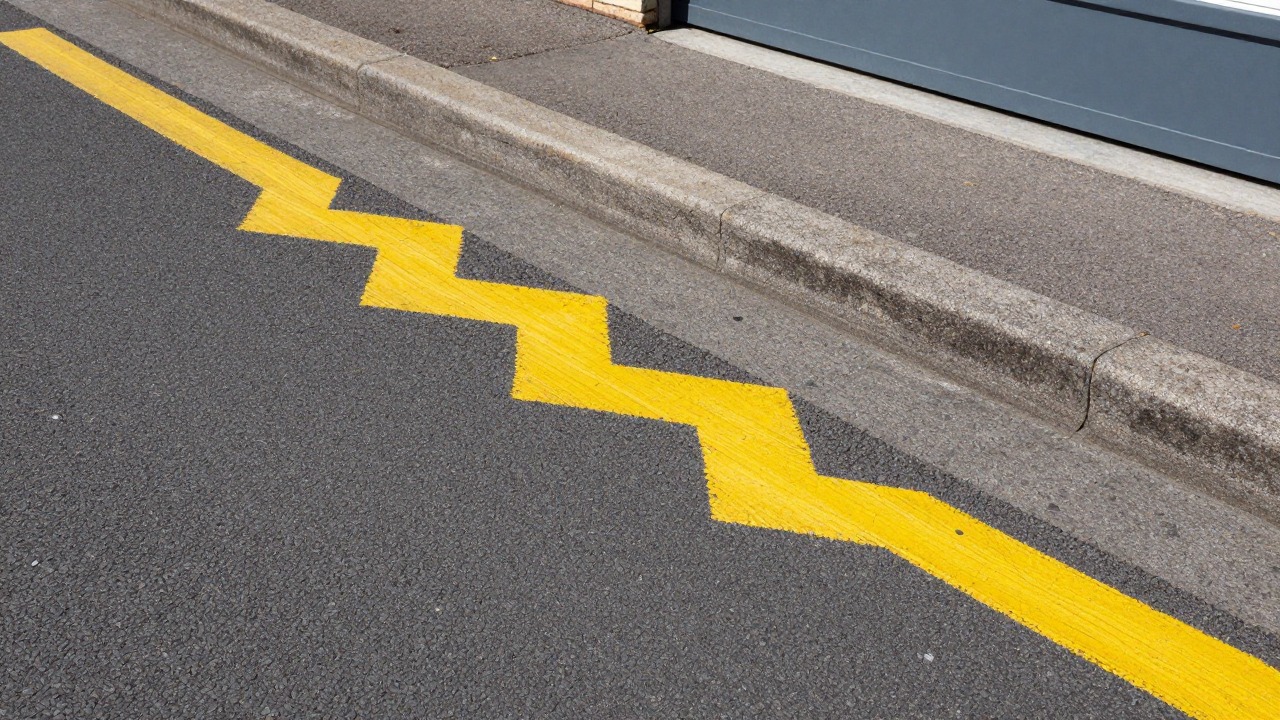 Painted yellow zigzag line along a curb in front of a school entrance in France, daytime