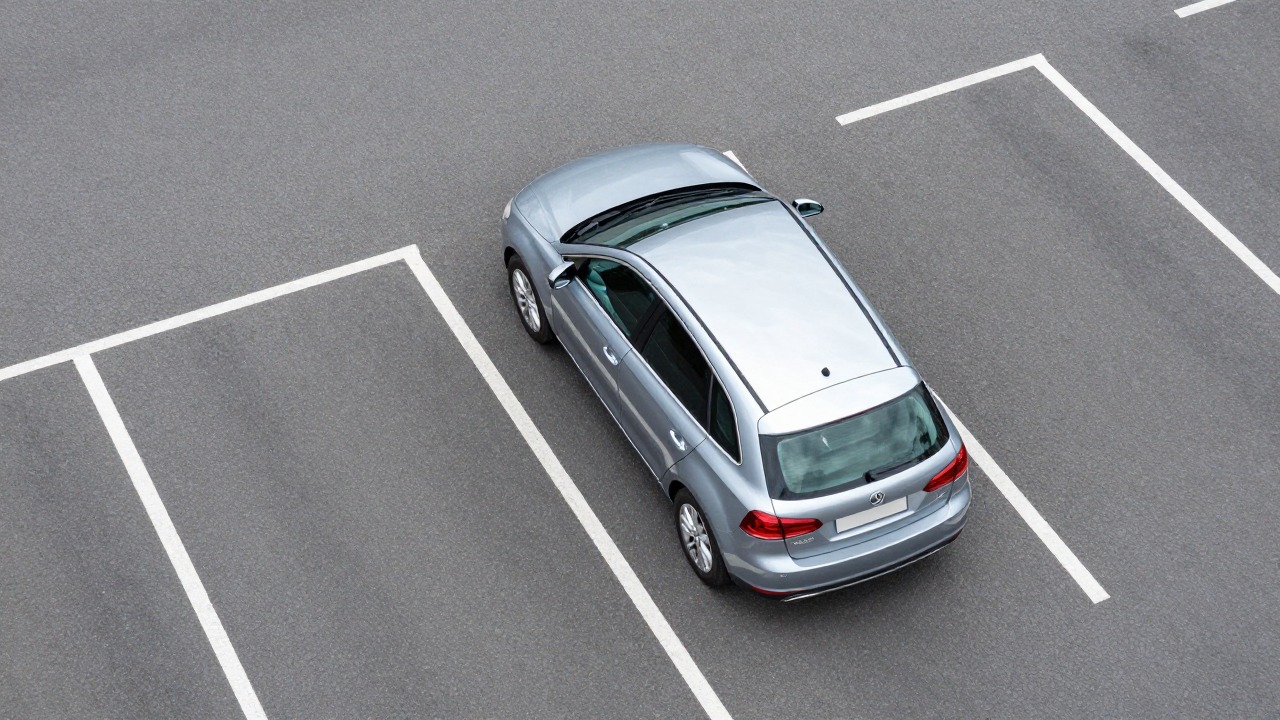 Aerial view of a car reversing at an angle into a street parking space with painted white lines