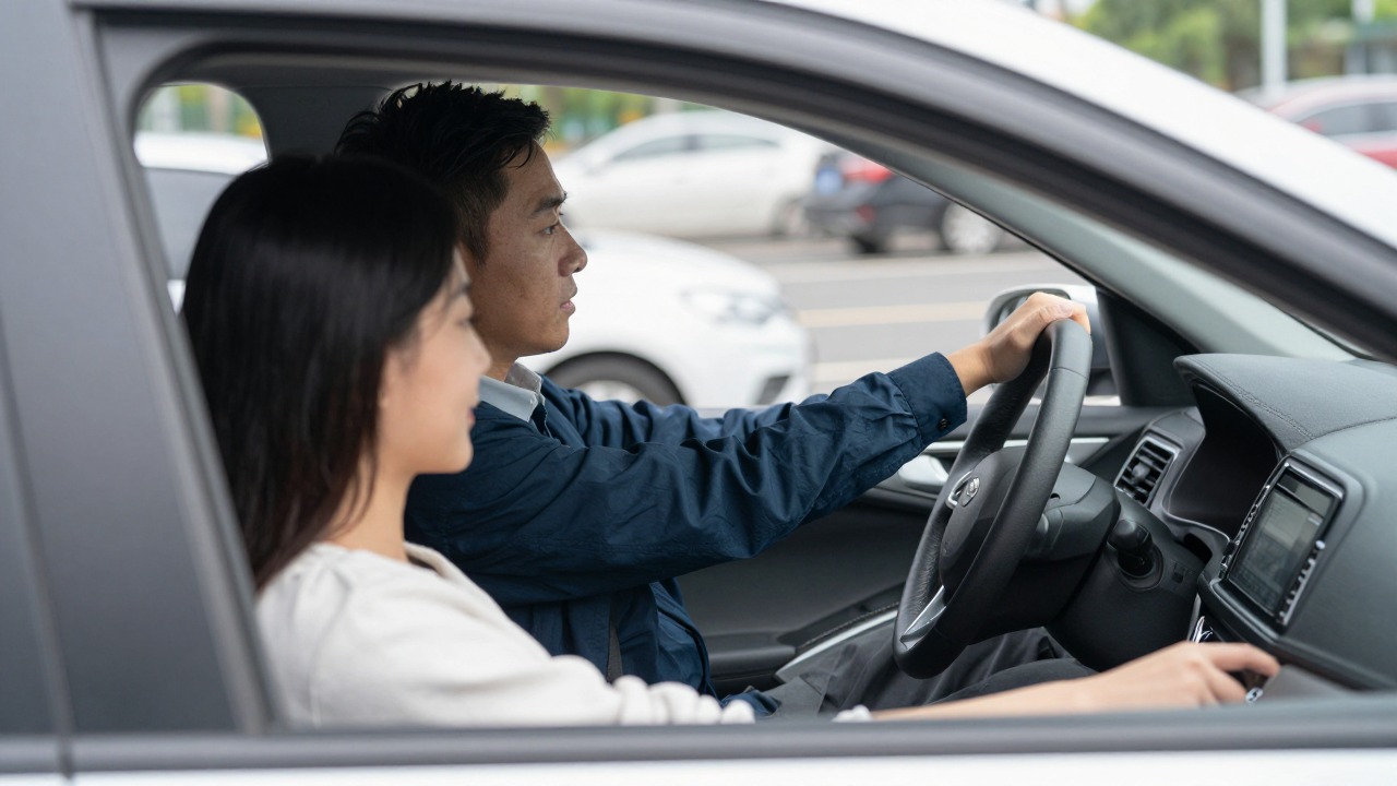 Driving instructor and student in a car checking the mirror while reversing into a parking space